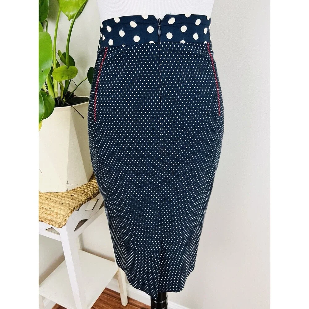 Anthropologie Baraschi Navy Blue & White Polka Dot Pencil Skirt Retro Vibes Sz 6
